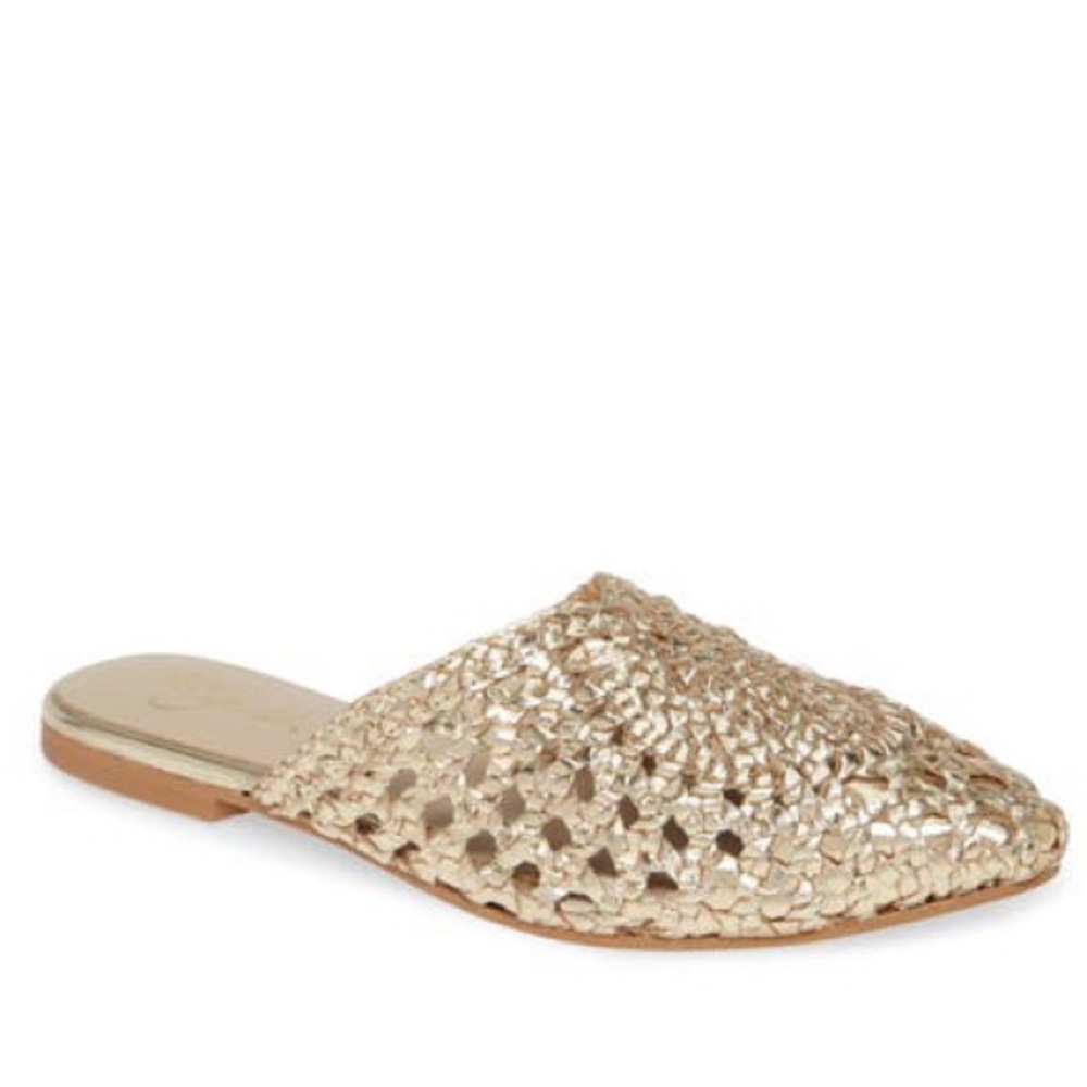 42 Gold NIB Charmed Gold Leather Woven Pointy-Toe Mules